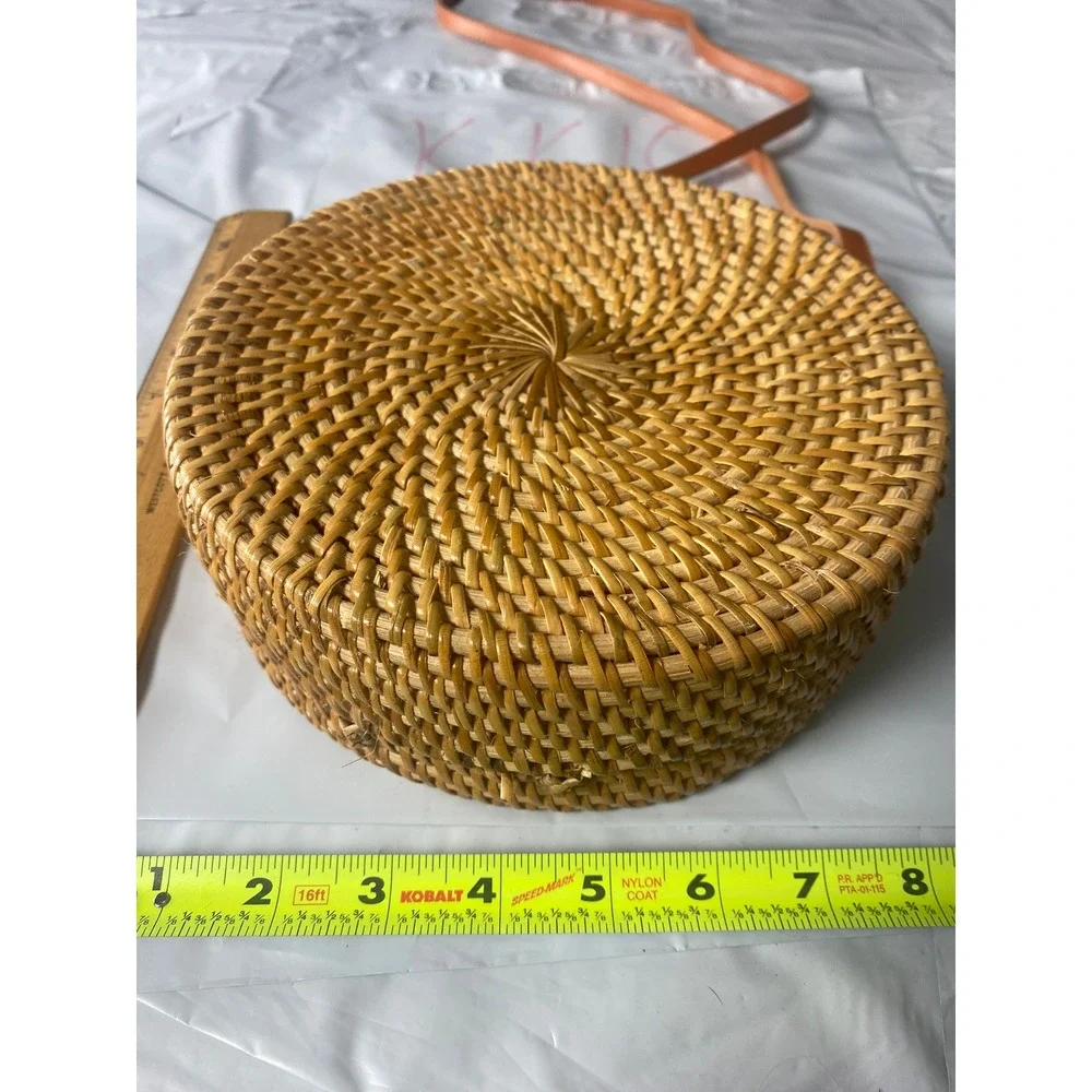 Handwoven Round Rattan Shoulder Bag Boho Festival Purse Blue‎ Fabric Lined